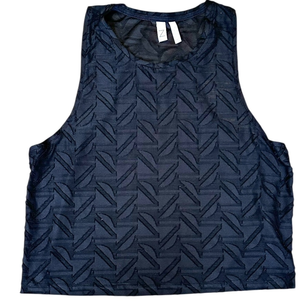 Z By ZELLA black semi sheer “z” pattern racerback crop tank top size M
